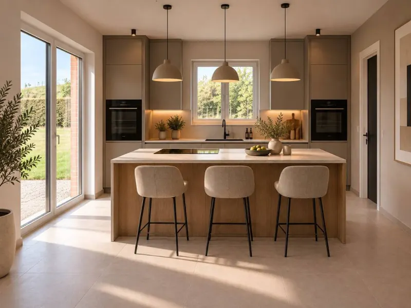 Cuisine ouverte, habitation à Berloz (mobilier ajouté par IA)