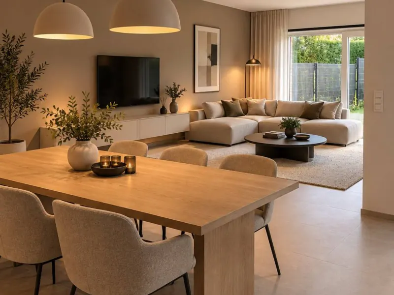 Séjour ouvert sur le jardin, habitation à Berloz (mobilier ajouté par IA)